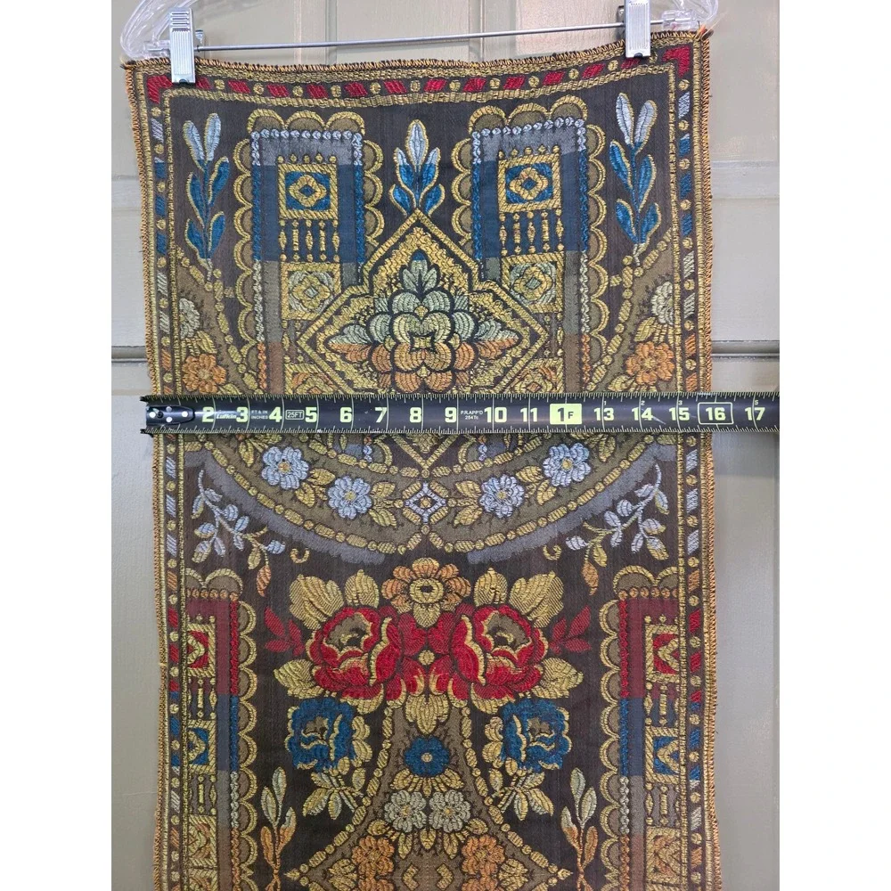 Vintage Woven Tapestry Floral Damask Table Runner Wall Hanging Gold Red Blue
